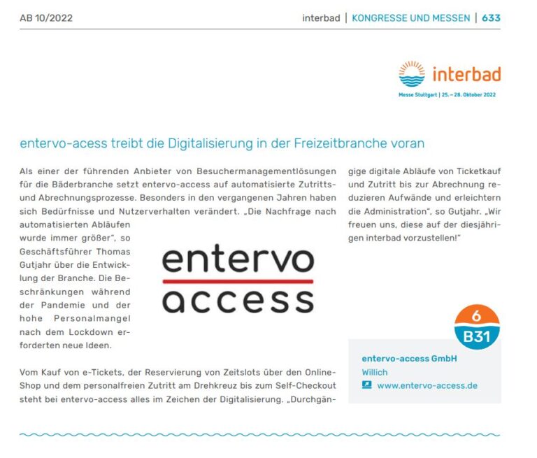 Mehr über den Artikel erfahren Archiv des Badewesens 10/2022: entervo-access treibt die Digitalisierung in der Freizeitbranche voran